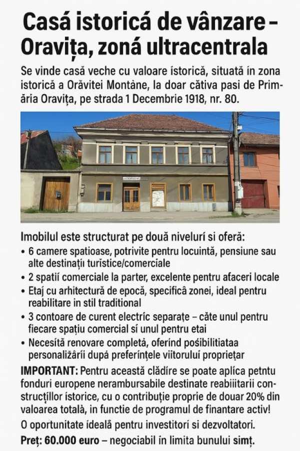 Casă istorică de vânzare-Oravița zonă ultracentrală