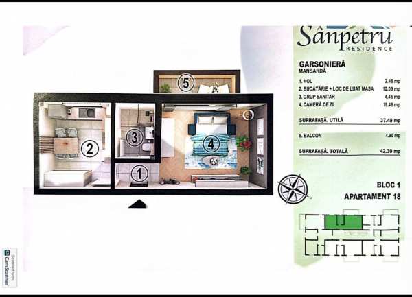 Garsoniera decomandată Etaj3, parcare inclusa