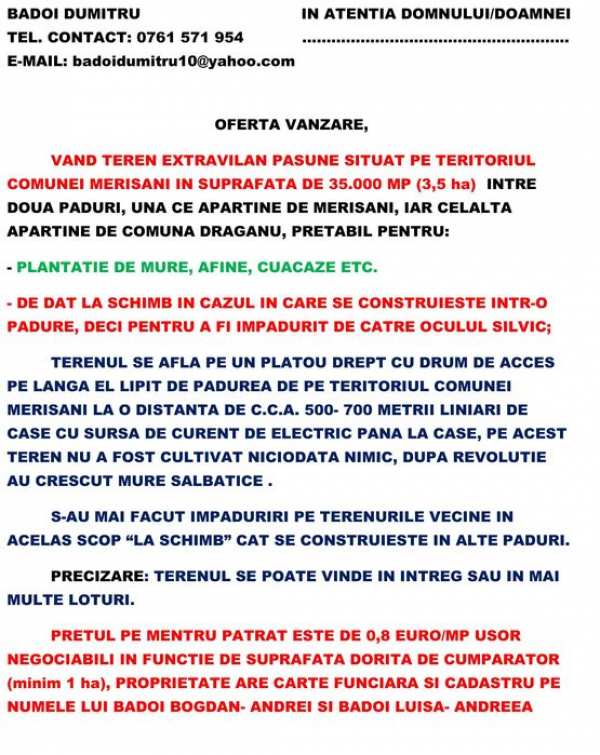 Teren extravilan - pasune 3.5 HA pretabil plantatii