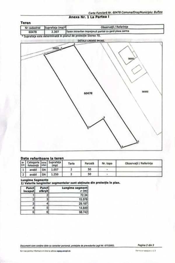 Vand teren Buftea Zona Centrala 2307 mp deschidere 27m