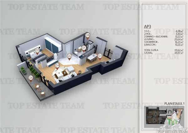 Apartament 2 camere studio de vanzare in zona obor